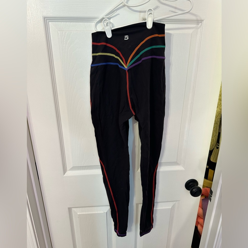 Buffbunny black leggings with colorful stitching. Size small.
